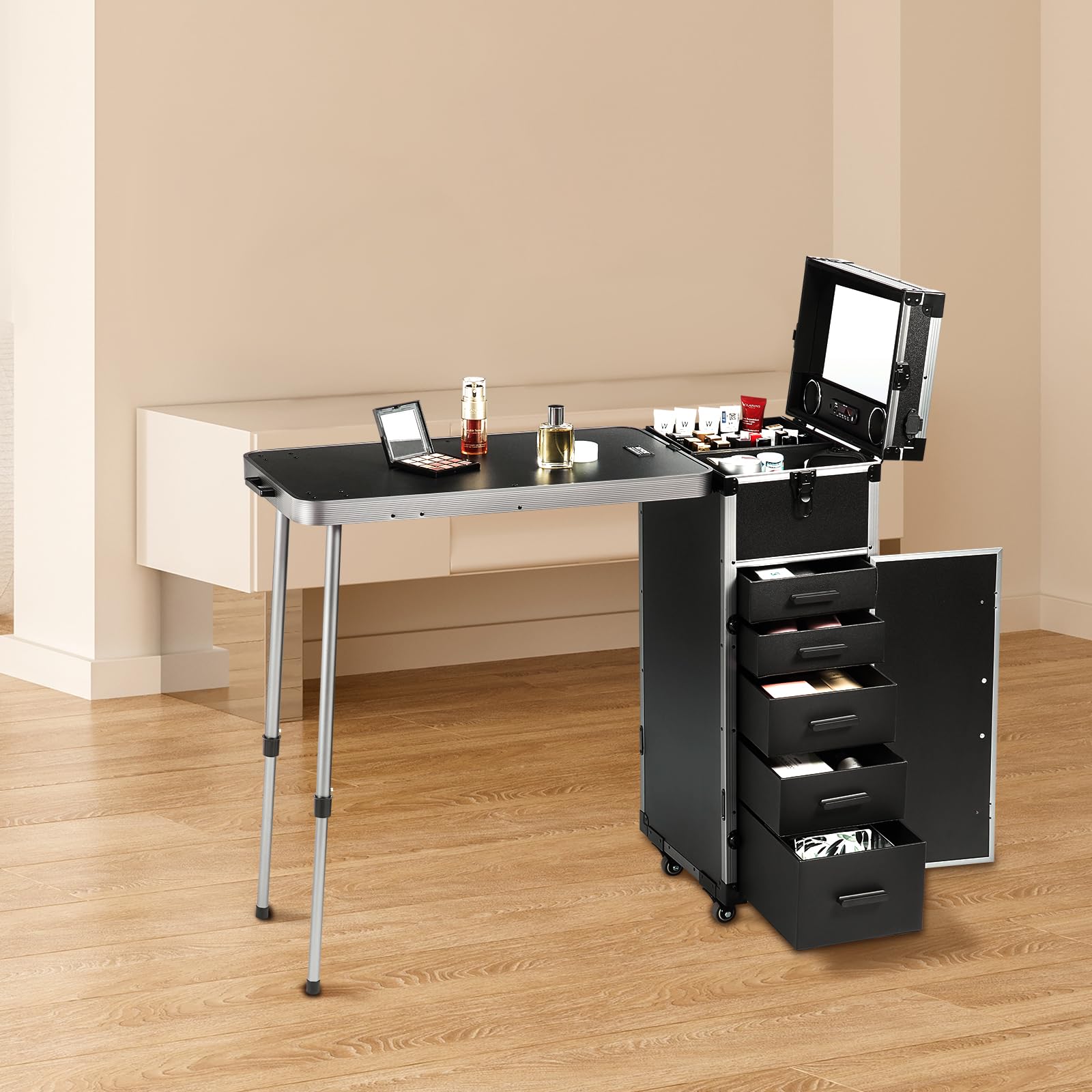VEVOR Valigetta Portatile Ripiegabile per Trucco Parrucchiere Barbiere Piano di Lavoro Pieghevole Gambe di Supporto, Valigetta per Trucco, Scatola Portautensili Cosmetici Rotelle Girevoli a 360° Nero