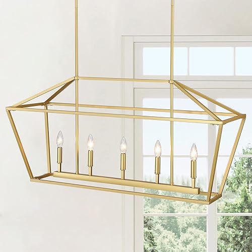 Untrammelife Lámpara colgante de isla de cocina de 5 luces, lámpara colgante de linterna dorada, lámpara lineal moderna rectangular con varilla
