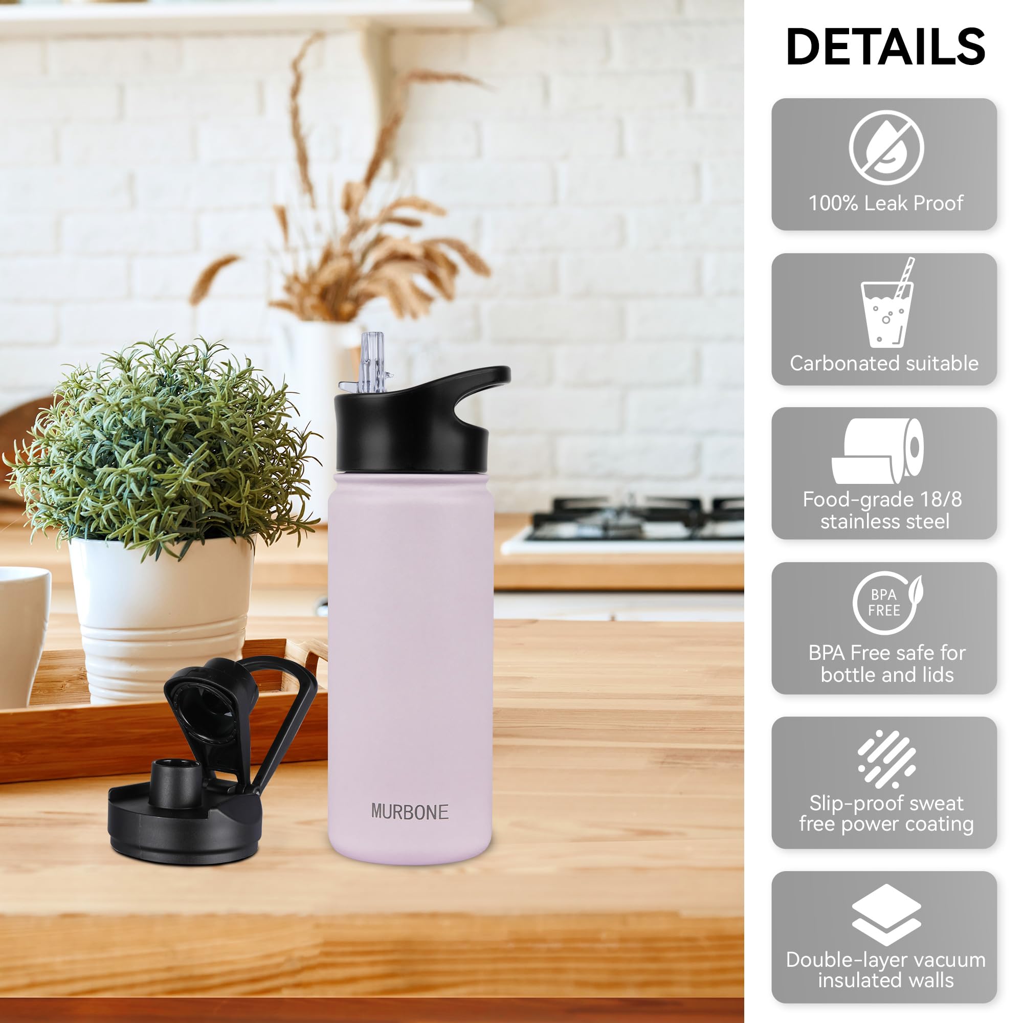 MURBONE Insulated Water Bottle, 500ml Stainless Steel Drink Flask with Straw, BPA Free - Image 4