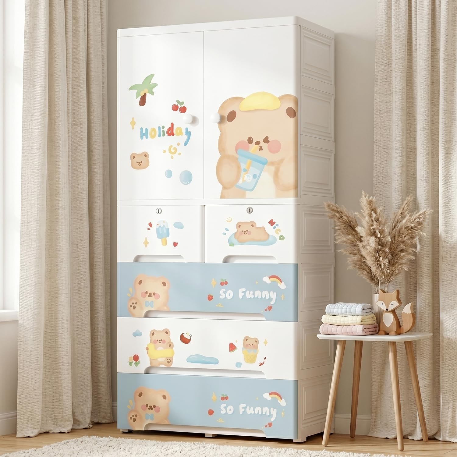 StarAndDaisy Kids Wardrobe/Multifunctional Collapsible Plastic Wardrobe/Almirah for Kids- Storage Cabinet – Dustproof Baby/Wardrobe Organizer for Clothes, Toys - Summer Bear-image-19