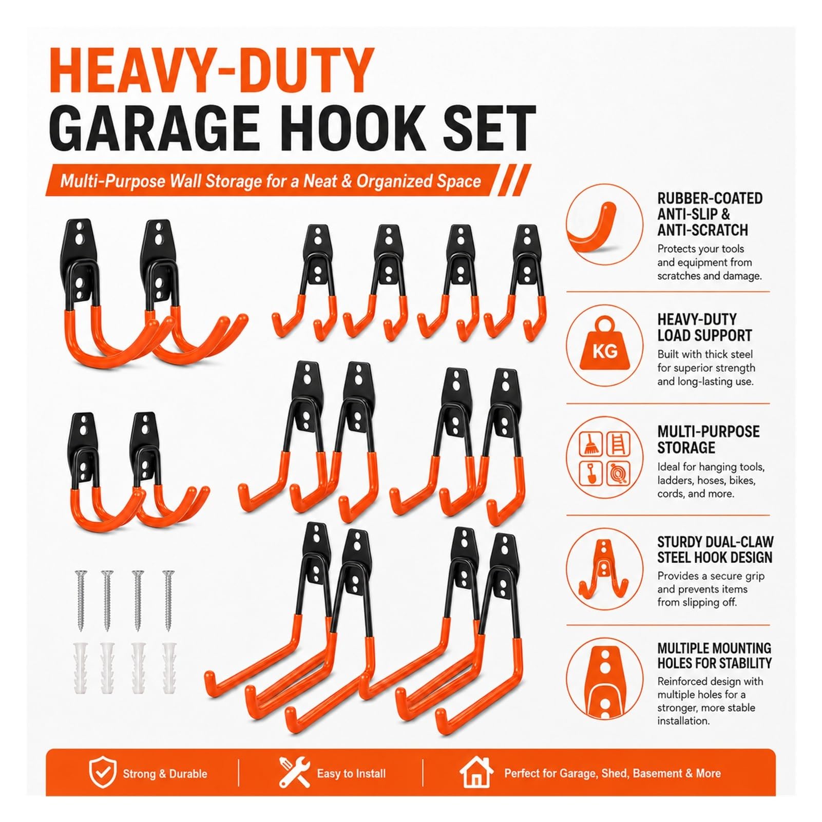 Ganci da Parete con Rivestimento in Gomma Antigraffio, Ganci Garage Doppia Crampata in Acciaio, Porta Attrezzi da Parete in Ferro per Officina, Garage, Trapani e Tubi(Orange)