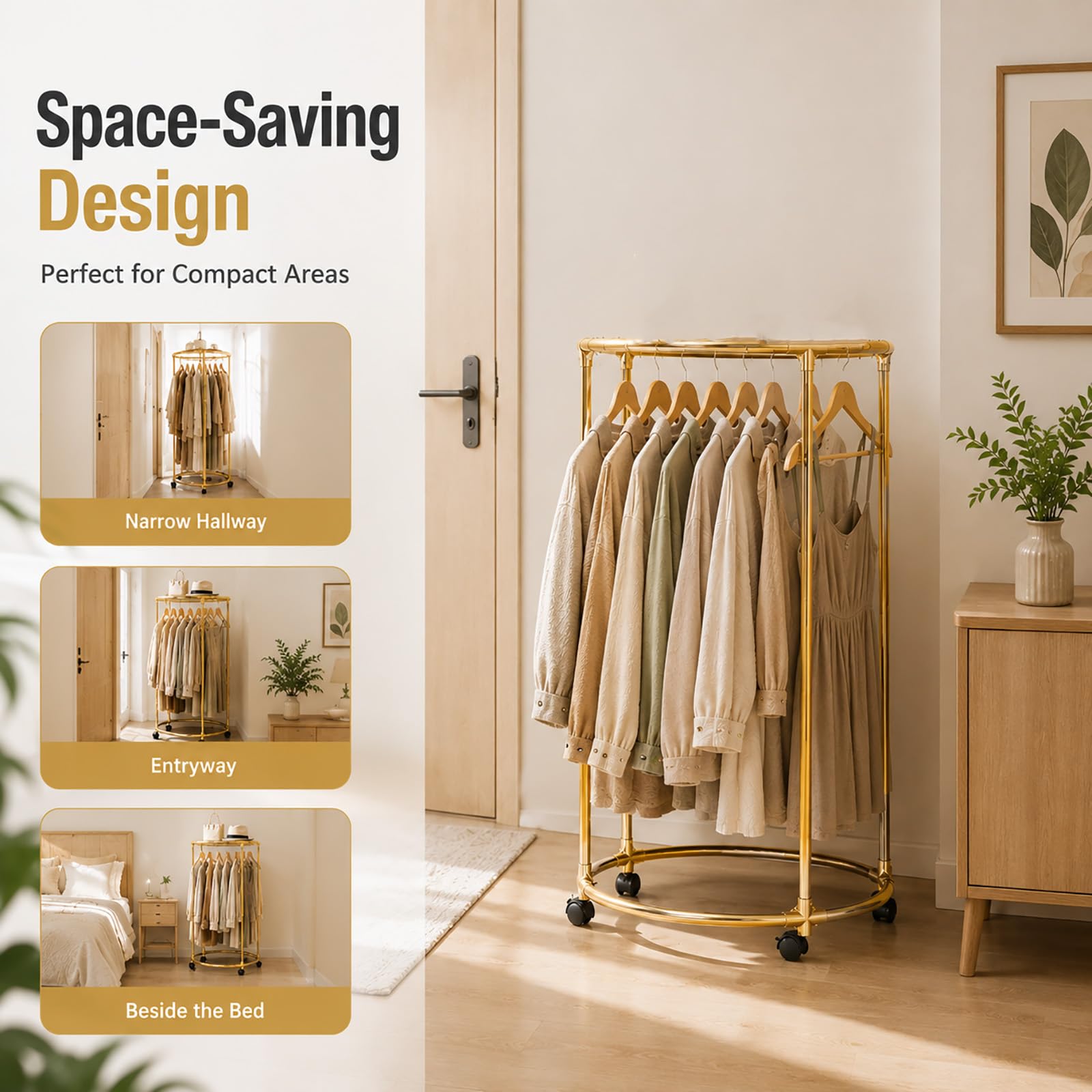 Perchero Redondo Giratorio 360° con Ruedas, Burro para Ropa Metálico de Gran Capacidad, para Dormitorio, Vestidor, Lavandería y Tienda de Ropa black