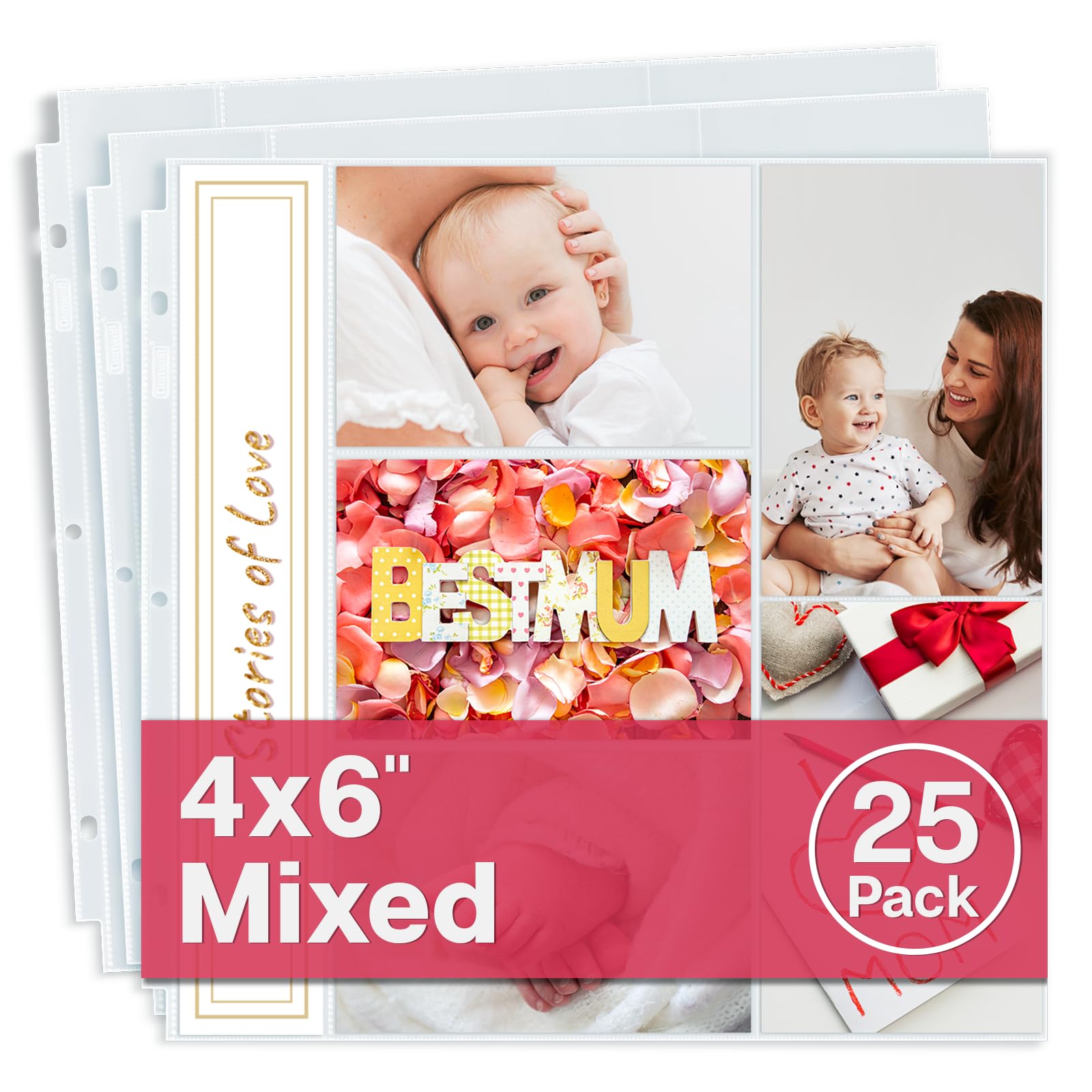 Dunwell Photo Album Refill Pages 12x12 - (4x6 Mixed, 25 Pack) Holds 250 4x6" Photos, 4x6 Photo Sleeves for 3 Ring Scrapbook Album 12x12, Archival Quality Page Protectors 12x12