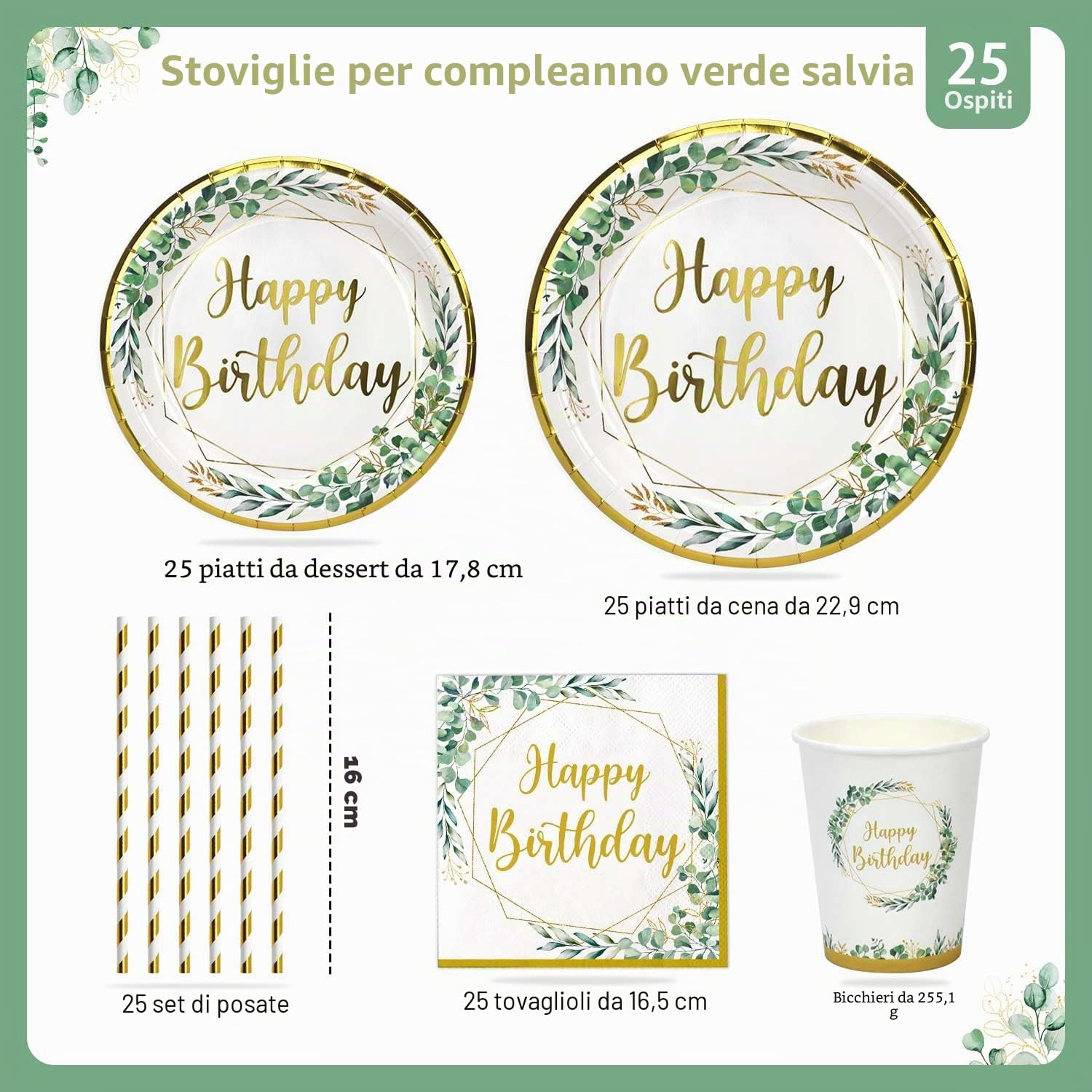 Piatti Compleanno Verde Salvia per 25 Ospiti, 125pcs Piatti di Carta Buon Compleanno Kit toviglie per Feste Bicchieri Tovaglioli Cannucce Verdi Dorato per Decorazioni Ragazzi Ragazze