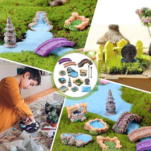 Miniatura 5 de HUIANER Accesorios de jardín de hadas en miniatura, 15 piezas, figuras de puente de jardín en miniatura, mini faro, pozo de agua, luz en miniatura,