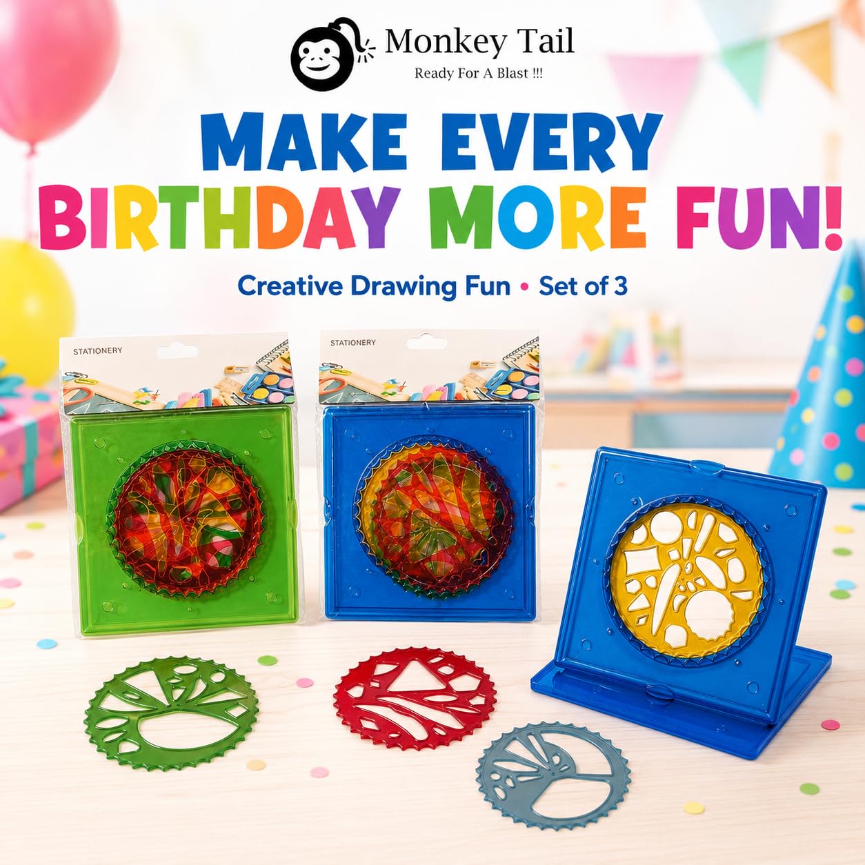 MONKEYTAIL Birthday Return Gift for Kids, Set of 3 Spirograph Rulers