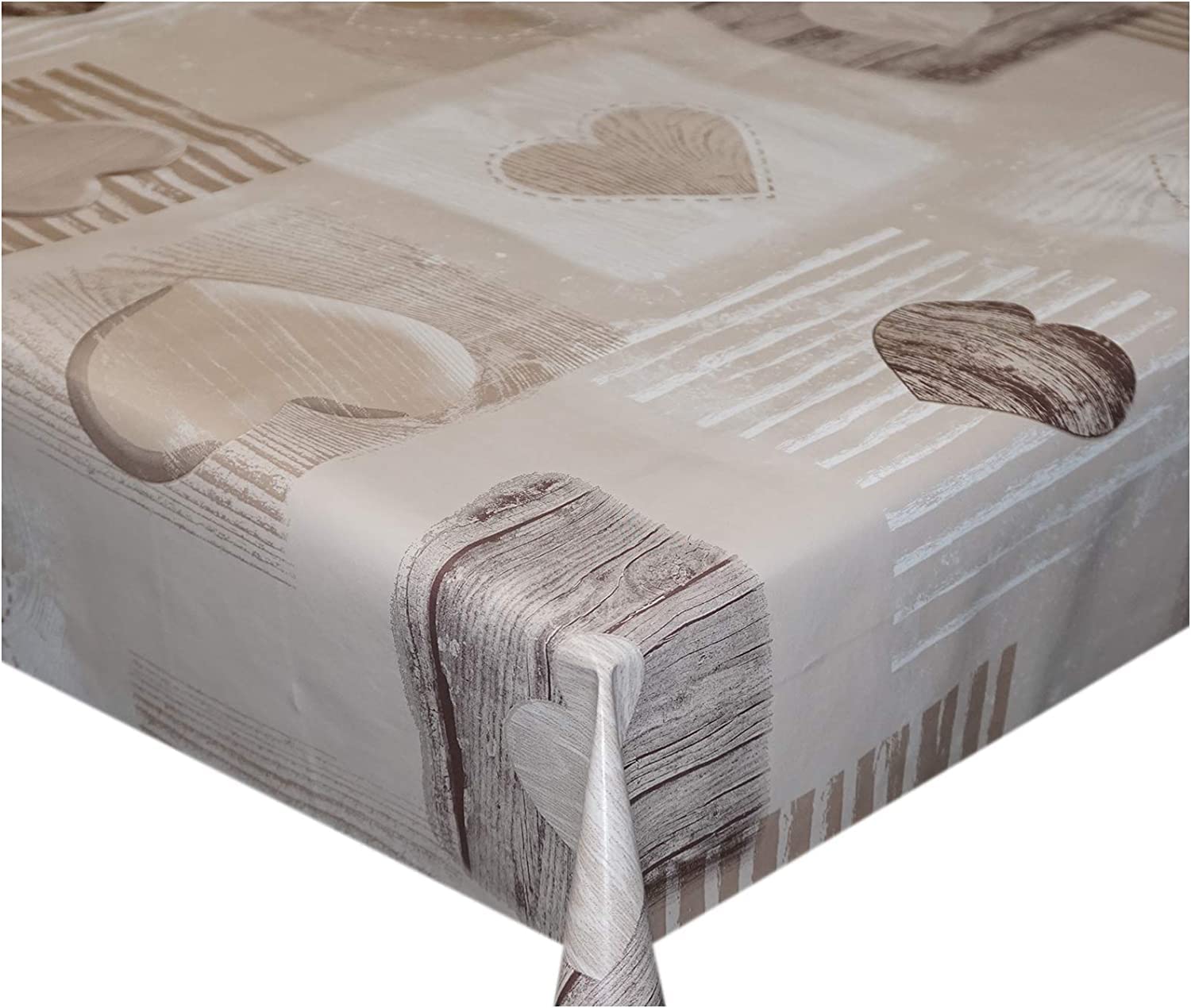 Plain Wooden Brown Beige Hearts PVC Tablecloth White Natural Wood Effect Patchwork Love Hearts PVC Plastic Vinyl Oilcloth Wipe Clean Table Cloth Protector (Round 122cm (48" inches Diameter))