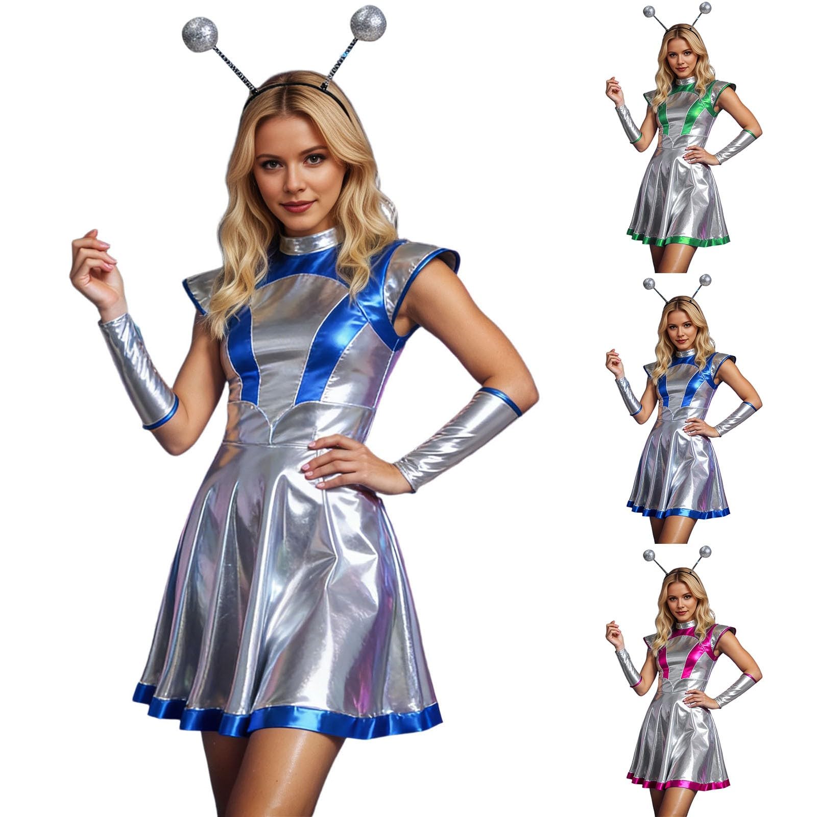 Alien Costume Women's Space Costume Dresses Fancy Dress Costume Carnival Party Cosplay Outfits Space 80s Outfit Silver Party Dress Rave Disco Night Club Wear for Space Astronauts Galaxy S-XXL