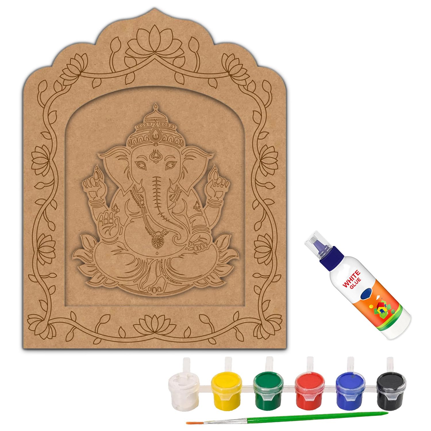 WRAPPING STUDIO Pre-Marked MDF Lord Ganesh Ji Cutout in Jharokha Design with Hanging Hook, Glue & Water Color for DIY Craft, Lippan Art, Painting (12 Inch | Design 4)-image-29