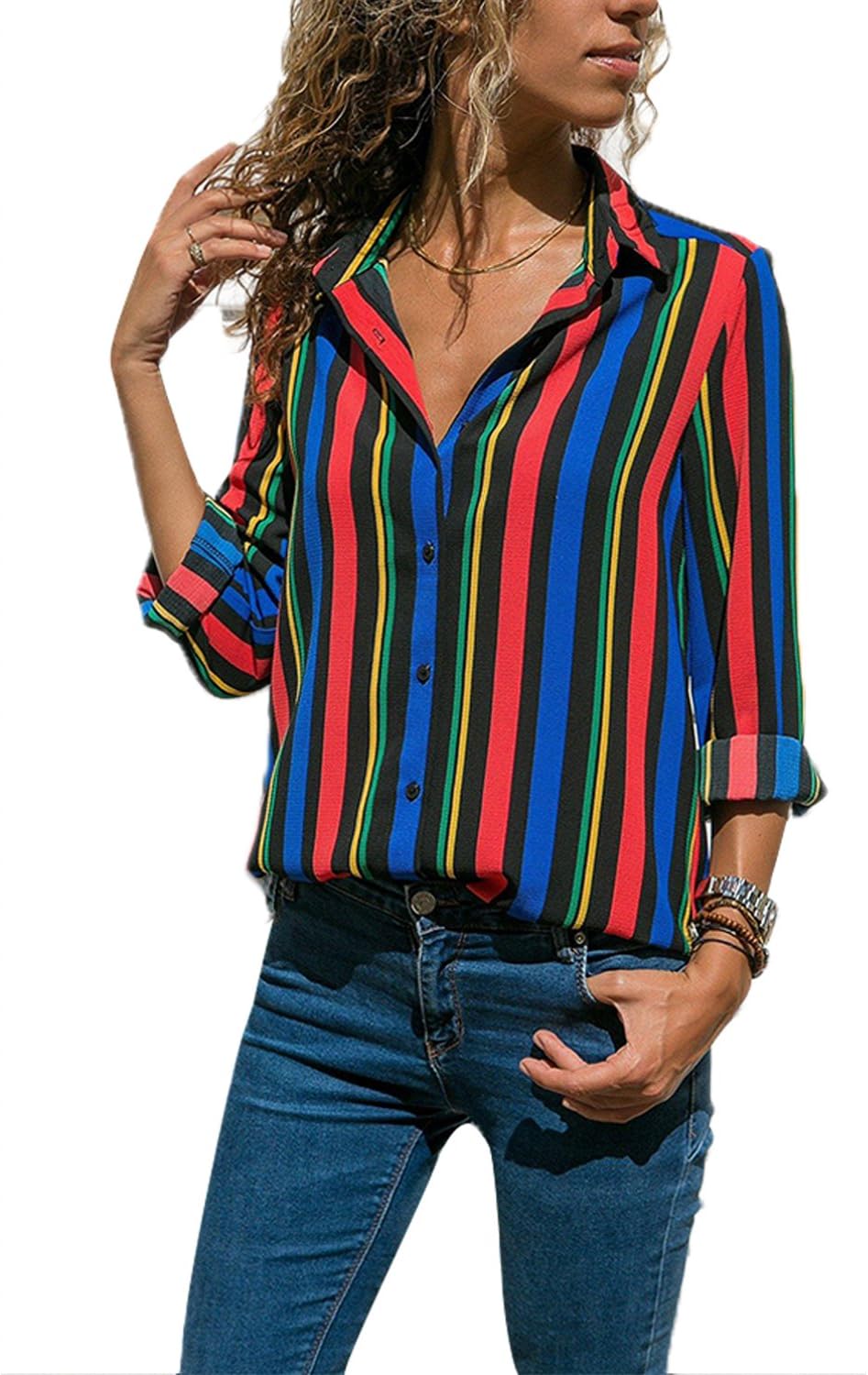 Womens Striped Tops Long Roll Sleeve Button Down Blouses V Neck Casual Chiffon Shirt