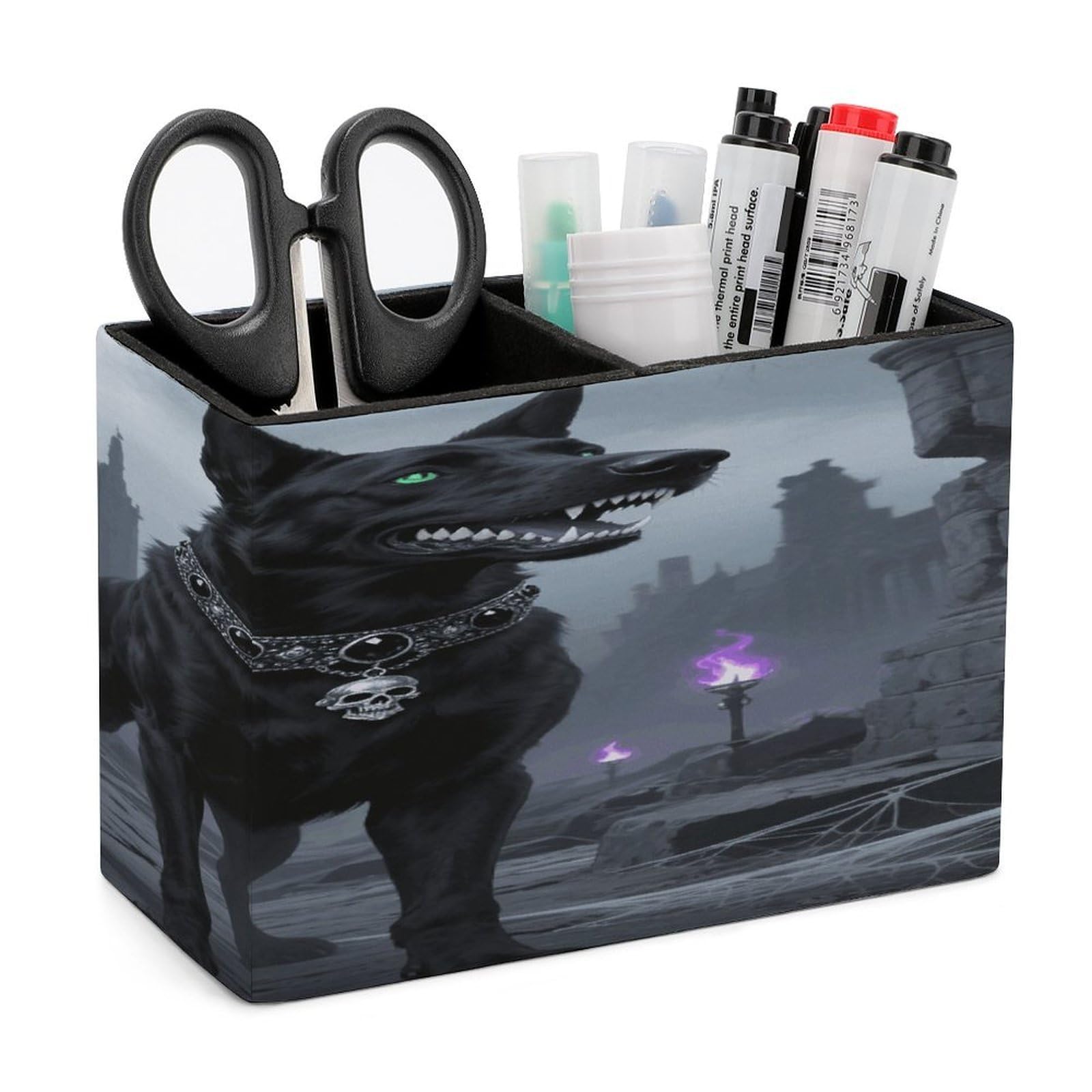 VstaDank Gothic Black Dog Pencil Holder for Desk Organizer 2 Compartments Pen Cup Leather Square Pen Holder Pencil Cup Stand Makeup Brush Holders for Desktop Organizer Storage Case