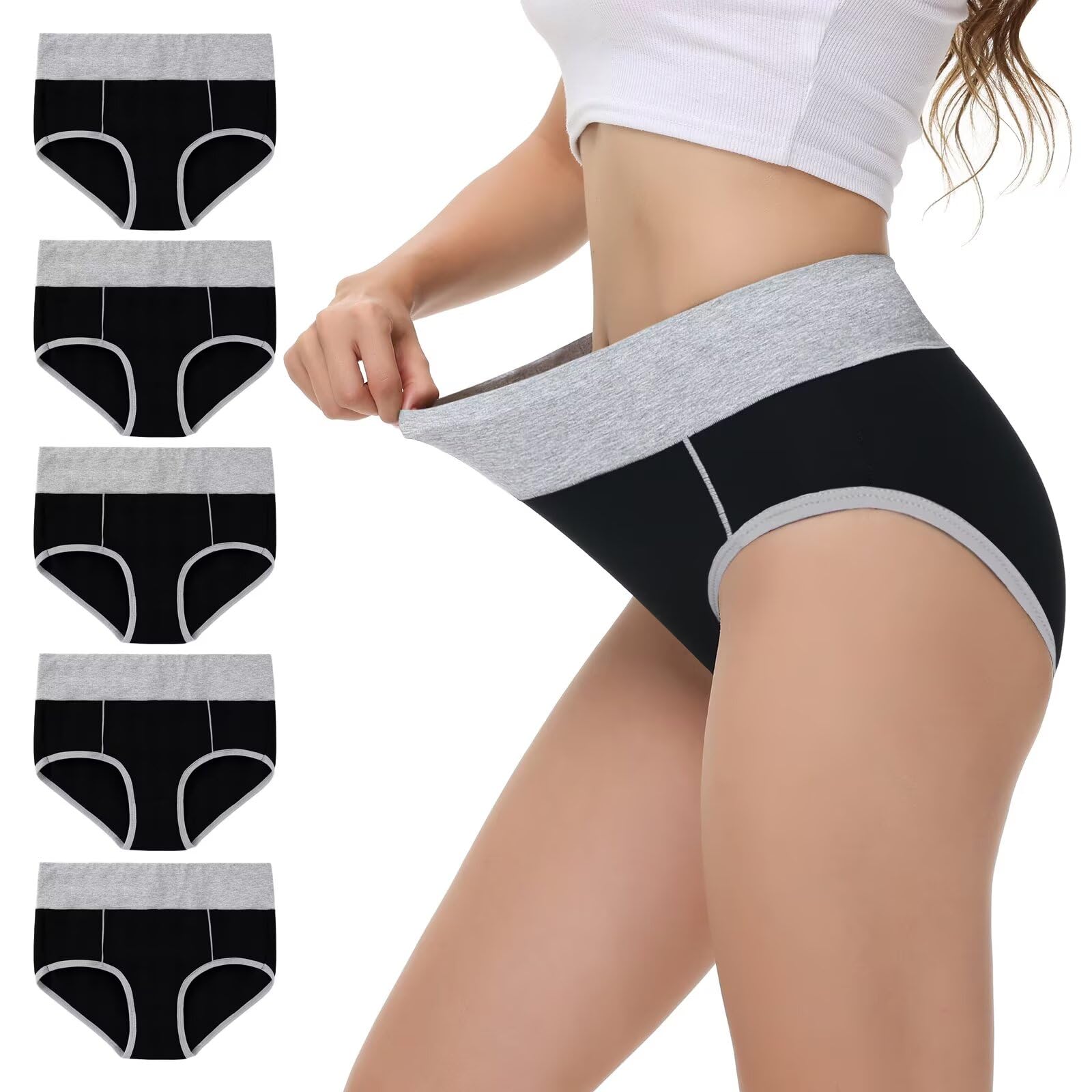 NUOZA Slip Damen Unterwäsche Schlüpfer Unterhosen Damen Baumwolle Damenslips Wochenbett Unterwäsche Hohe Taille Bauchweg Unterhose 5er Pack Pantys Schwarz M