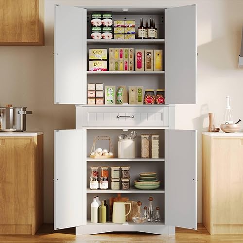 Gizoon Armario de almacenamiento de despensa de cocina de 71 pulgadas, armario independiente con 4 puertas de granero y 4 estantes ajustables,
