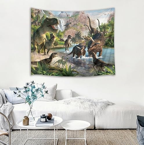 Miniatura 2 de HVEST Tapiz de dinosaurio salvaje y antiguo depredador para colgar en la pared, bosque tropical con árboles verdes y montañas, tapices de pared para