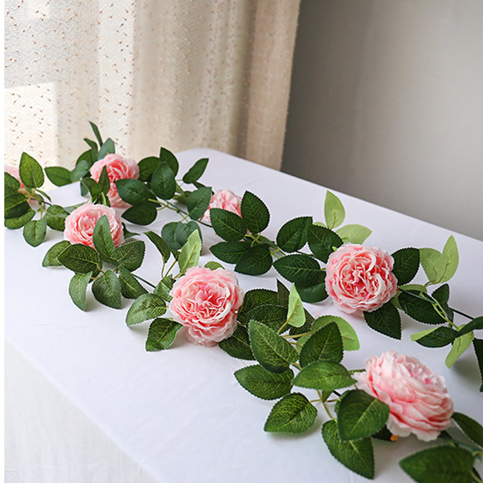 Künstliche Blumengirlande mit künstlichen Rosen für den Innen- und Außenbereich, Zuhause, Küche, Garten, Hochzeit, Party, Dekoration (Weiß, 4 Stück)