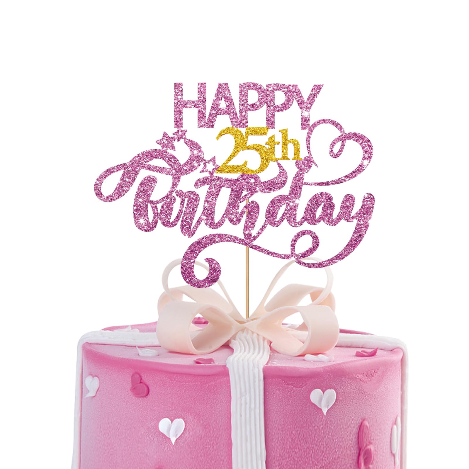 MINUET MINUTE Pink Glitter Happy 25th Birthday Cake Topper, 1 x 6.7" x 4.9" Pink Glitter Cardboard & Wooden Stick, Ideal for Birthday Parties &