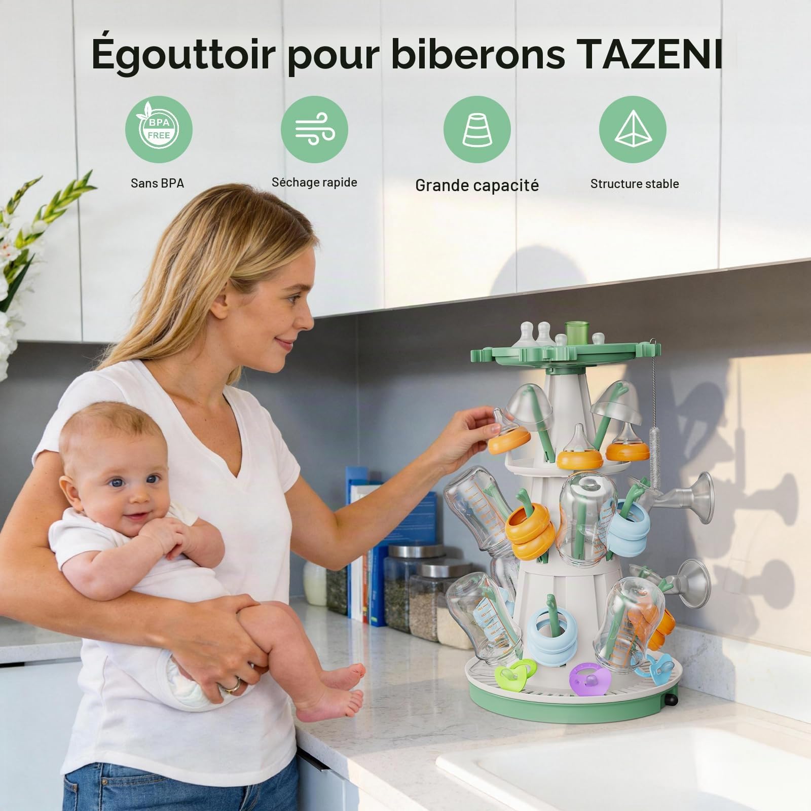 TAZENI Égouttoir à Biberons, 3 Niveaux, 20 Crochets, Tuyau d’Évacuation | Design vertical gain de place, pour tétines, sucettes et pièces de tire-lait, tuyau d’évacuation amovible