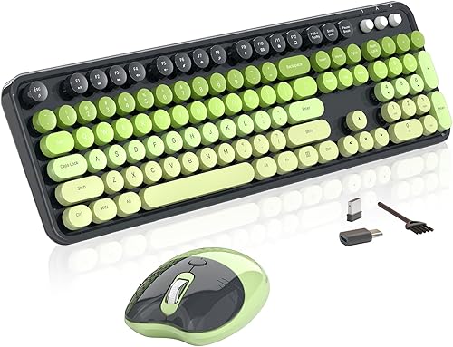 Teclado y mouse inalámbricos, 104 teclas redondas MOFII máquina de escribir retro con OTG y cepillo, ergonómico de tamaño completo, ideal para PC