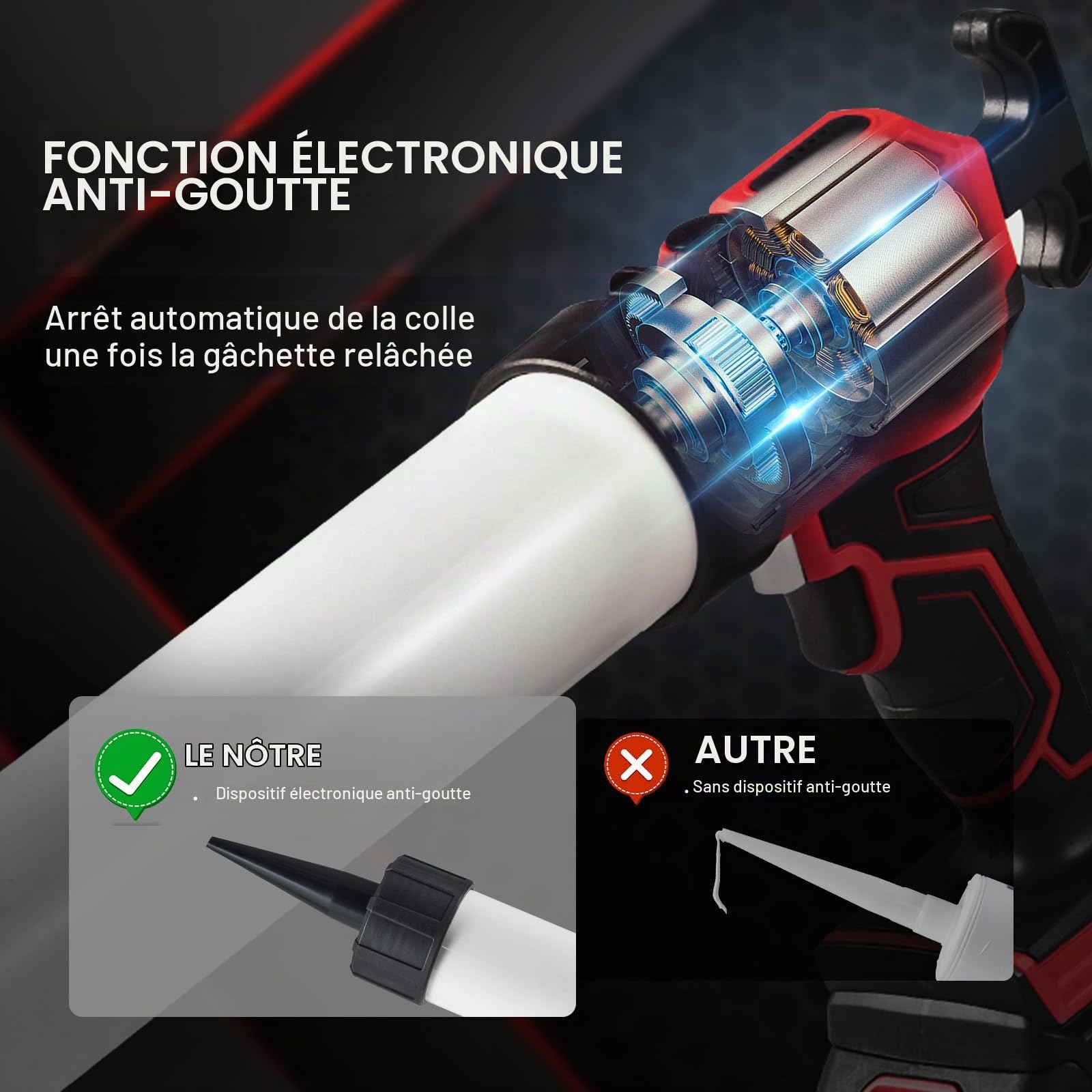 VEVOR Pistolet à Cartouche Électrique sans Fil 600 mL Pistolet à Mastic 20 V Pistolet à Calfeutrer à Batterie 2,0 Ah 4 Vitesses Réglables Anti-goutte Chargeur Rapide pour Calfeutrer, Remplir, Sceller