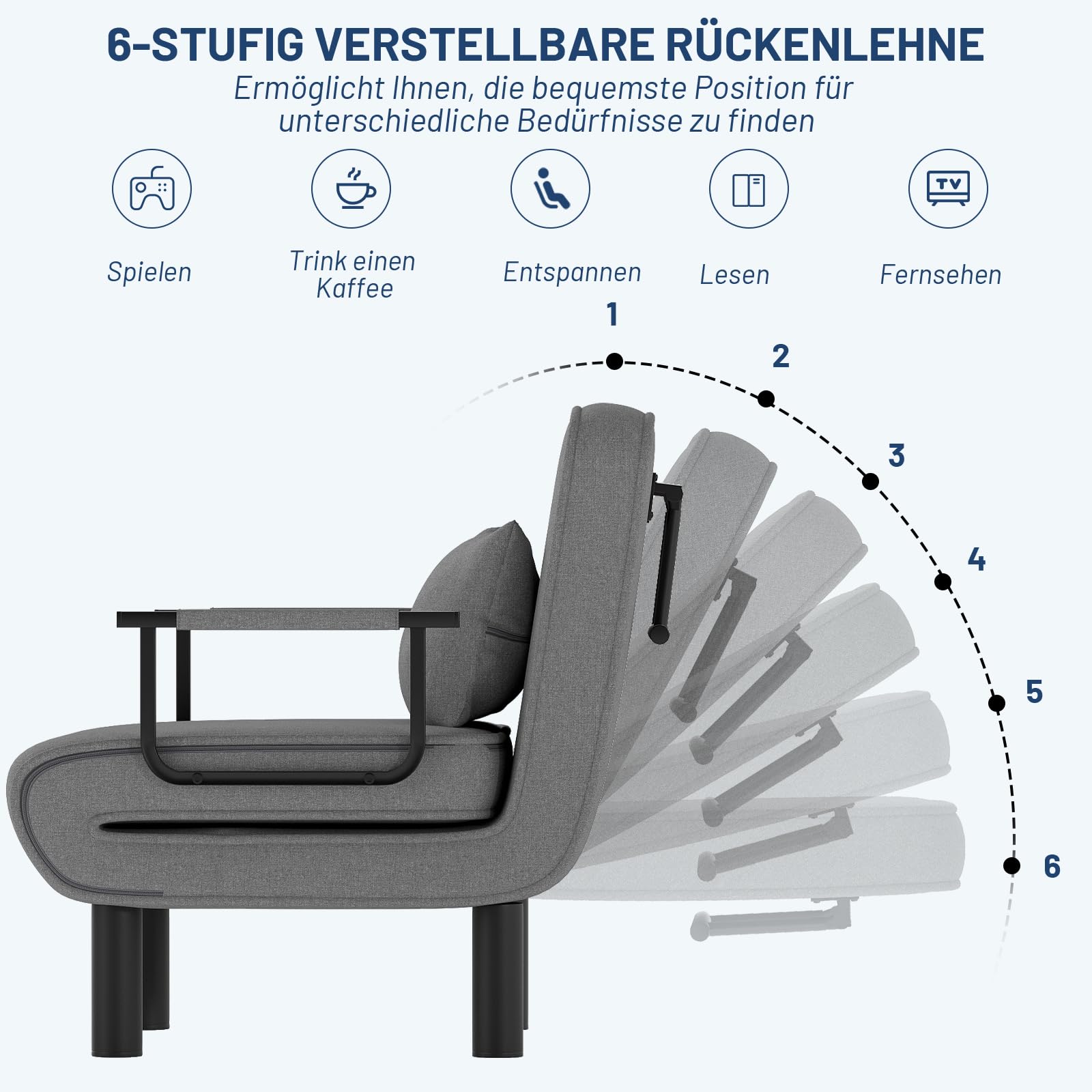 Schlafsessel 4 in 1 mit Bettfunktion, Gästebettfür, Schlafsofa mit Bettfunktion, Sessel mit Schlaffunktion mit Verstellbar Rückenlehne für Schlafzimmer Wohnzimmer Balkon, Dunkelgrau