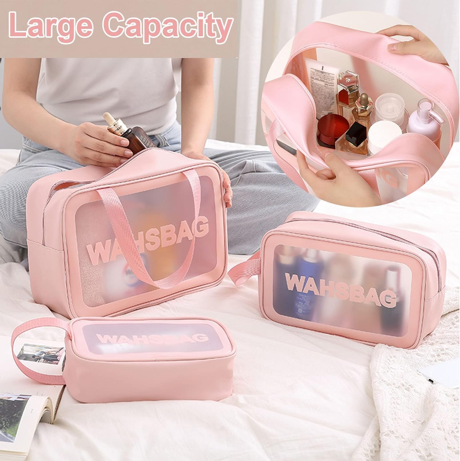 iYOGIzz Wash Bag Cosmetic Case (Set of 3) Clear Travel Toiletry Organizer with Handle Transparent Makeup Storage Pouch Water Repellent Portable Cosmetic Bags for Women Girls Travel Essentials 1
