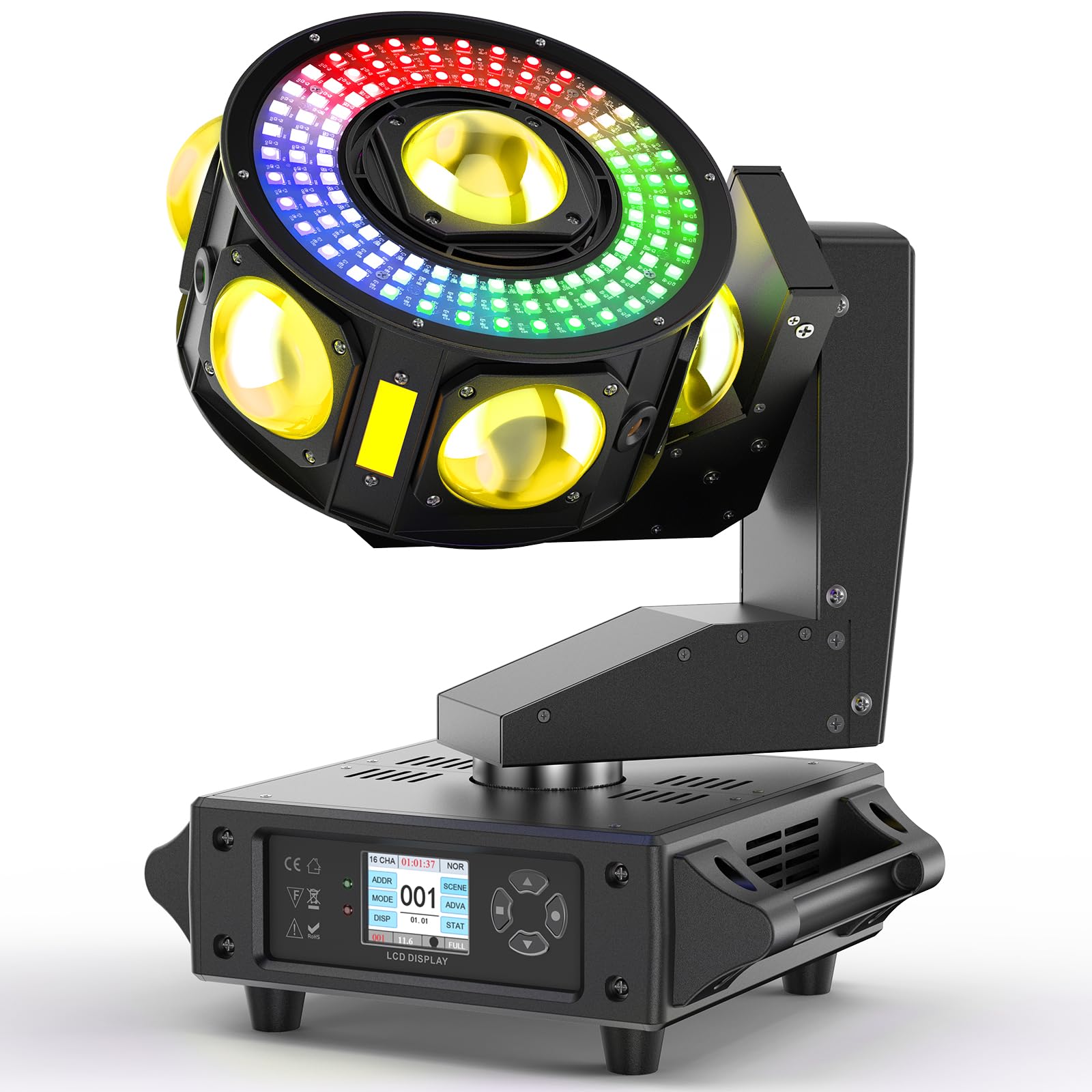 200W Teste Mobili Luci LED RGBW Discoteca Luci 3 assi Rotazione infinita Faretto Moving Head Stroboscopica per Natale Spettacolo Bar Club Festa Palcoscenico