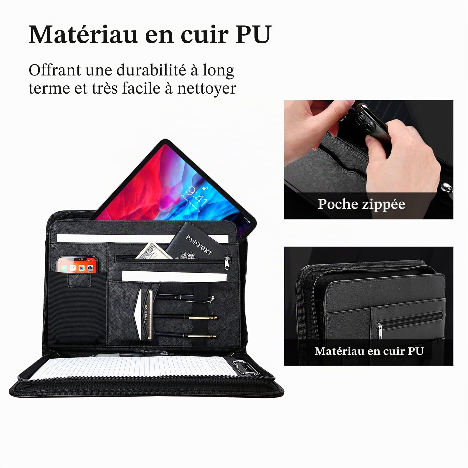 ProCase Portfolio A4 en Simili Cuir, Porte Documents avec Papiers Écrit, Porte Bloc-notes pour Record de Réunion/RDV Affaires, Portefeuille A4 Zippée, Légère Durable -Noir