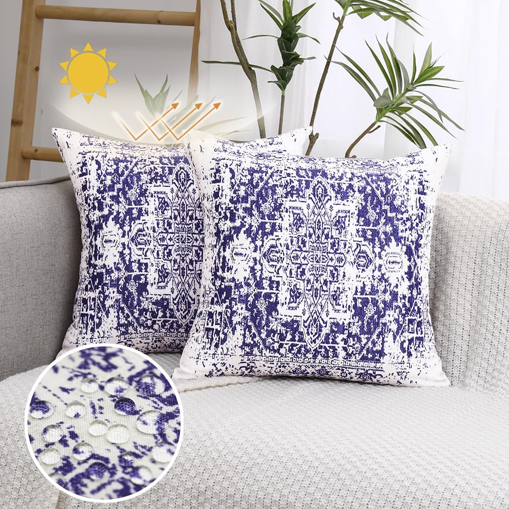 CARRIE HOME Navy Blue Boho Outdoor Pillows 18x18 Waterproof Throw Pillow Covers Set of 2, Blue Sun Fade Resistant Porch Decorative Pillow Covers 18 x