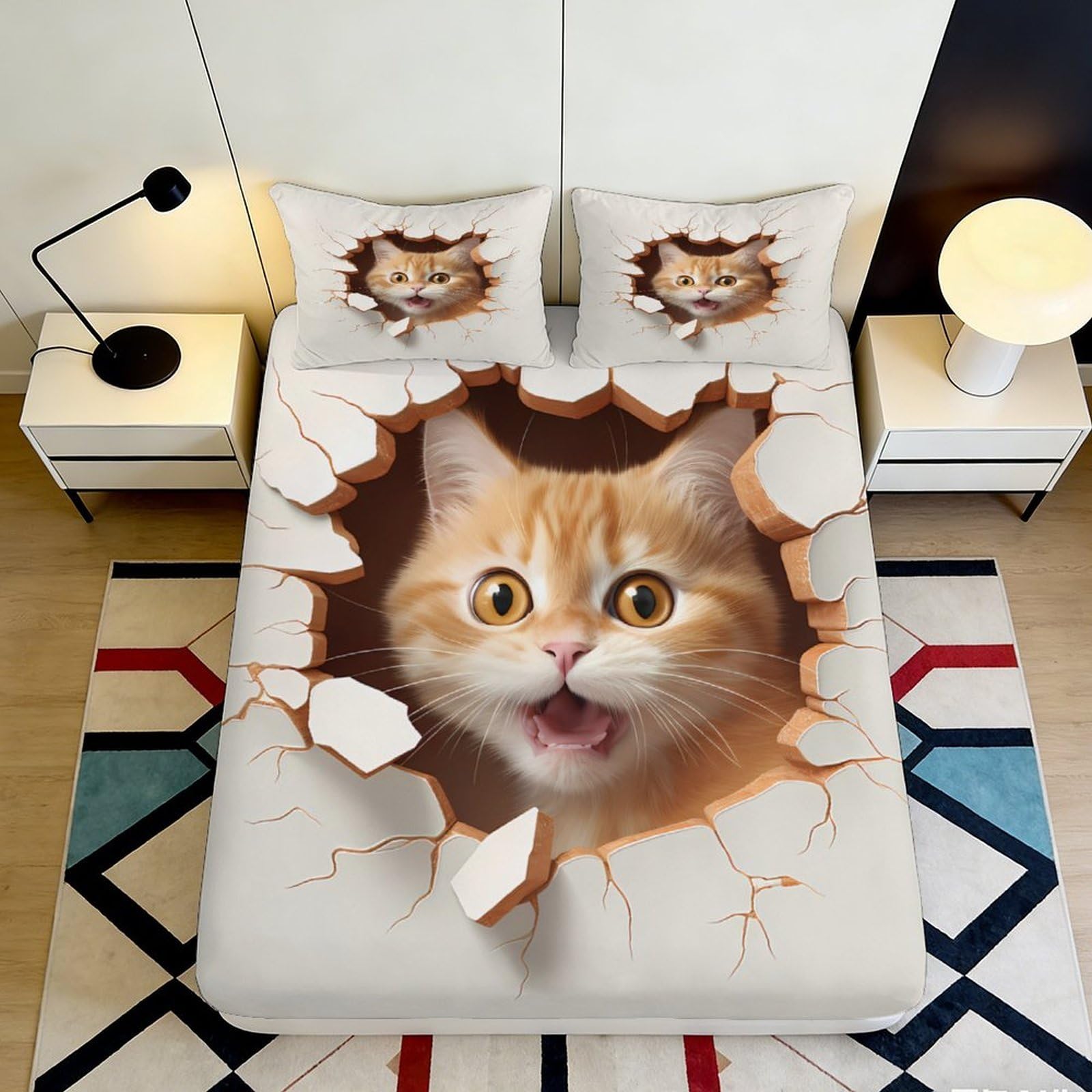 Kzqnxhjprl Style-8 3D Printed Realistic Cat Fitted Sheet Microfiber Soft Anti-Slip Cartoon Wall Crack Bed Cover For Bedroom Dorm Mattress Decor 90X200x25cm