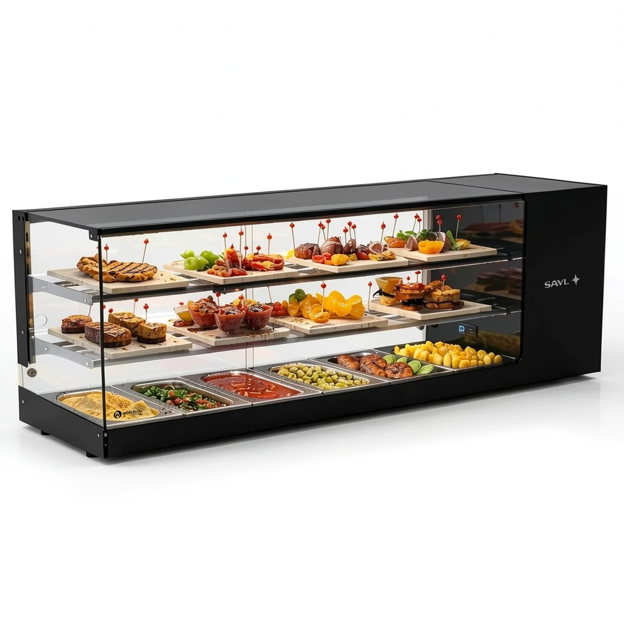 Vetrina tapas Logic WORLDMAI x SAYL, 132 x 38 cm, 3 livelli e 6 vaschette GN 1/3 per ristorazione. Vetrina refrigerata professionale da banco con LED, per bar e ristoranti.