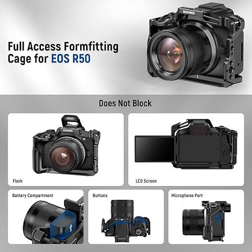 Miniatura 4 de NEEWER Jaula para cámara R50 compatible con Canon EOS R50, plataforma de video de aluminio con riel OTAN, roscas de 14", agujeros ARRI de 38",