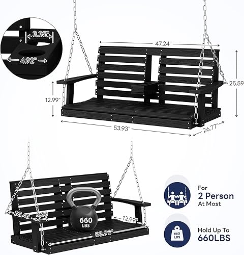 Miniatura 2 de KINGYES Silla columpio colgante para patio al aire libre, columpio de 2 asientos con portavasos, banco impermeable para patio y jardín, capacidad de
