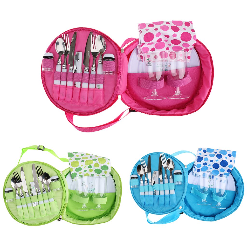 Camping Set Pique-nique 2 Personnes Sac Ronde Portable avec Couverts,Verre, Bouteilles de Poivre,Ouvre-bouteille - vert, 26cm x 26cm x 8cm