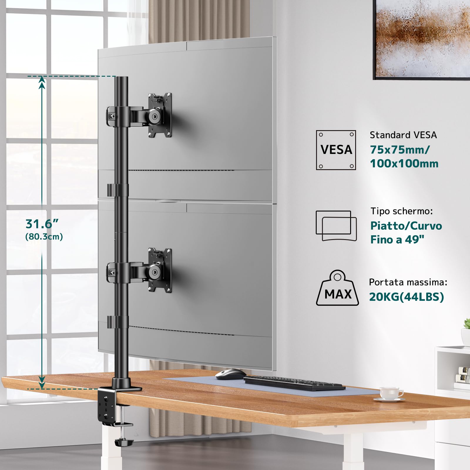 Supporto Doppio Monitor Verticale, Supporto per schermi ad alta resistenza con palo extra alto da 803 mm e impilamento verticale per monitor da 17" - 49" con rotazione
