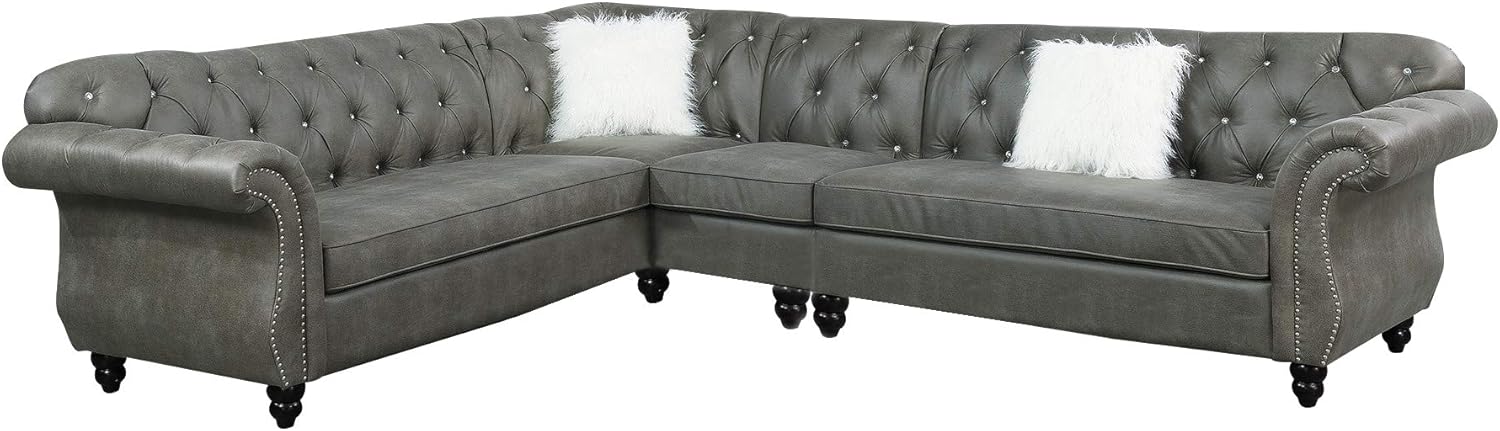 Benjara Leatherette 4 PC Sectional with Crystal Tufted Back & Rolled Arm- Gray