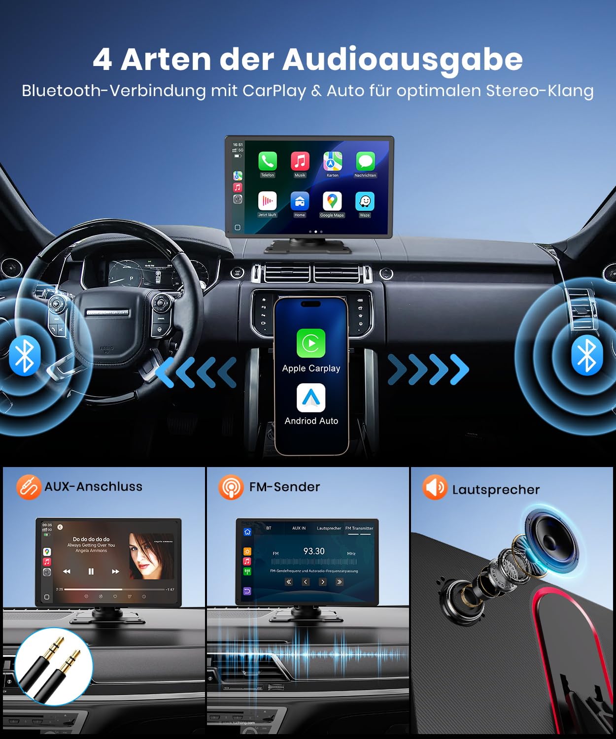 Foxpark 9.26-Zoll CarPlay Display mit IPS Touchscreen, kabelloses Apple CarPlay & Android Auto,Bluetooth 5.0, Mirror Link,FM/AUX,einfache Plug & Play Installation für ältere Fahrzeuge