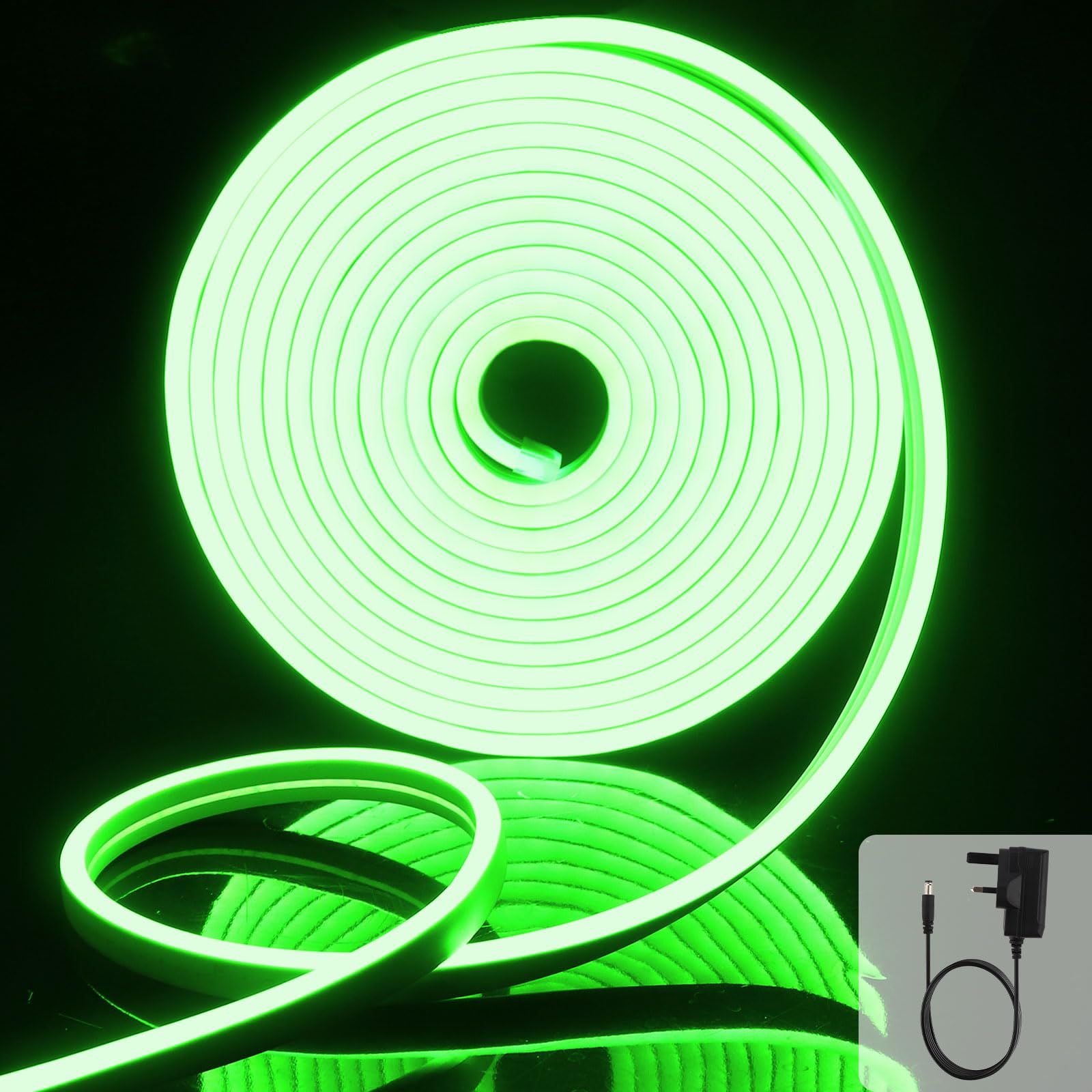 Extrastar Green Light Neon Led Strip Light 5M 12V With Power Adapter, Ip65 Neon Led Rope Light Cuttable 8.5W/M,