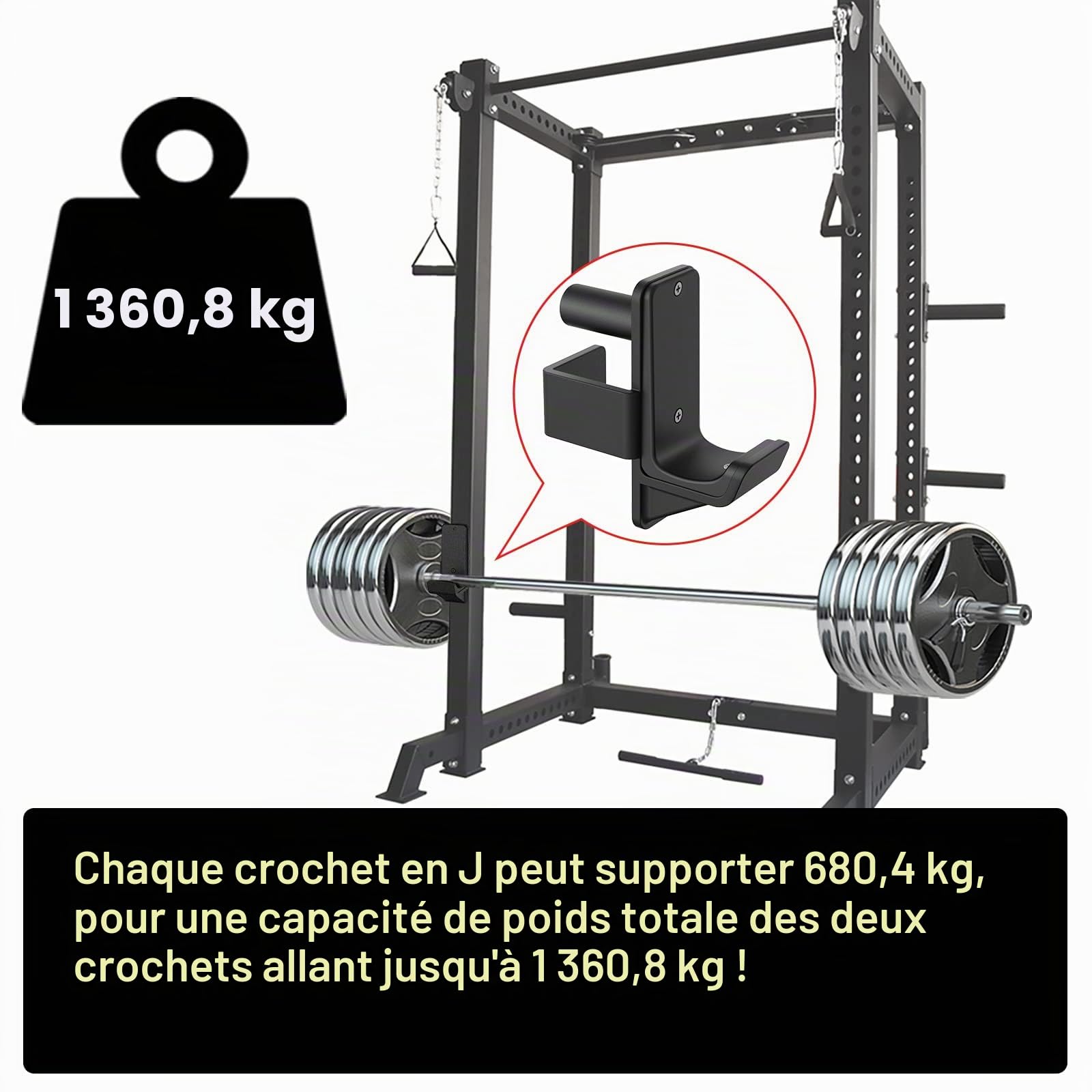 Kipika J-Hooks for 2" x 2" Power Rack with 1" Hole - Bottom Reinforced Steel Hooks with Rubber Pads, Heavy Duty Power Rack Attachments - Squat Rack Accessories for Strength Training, Lot de 2