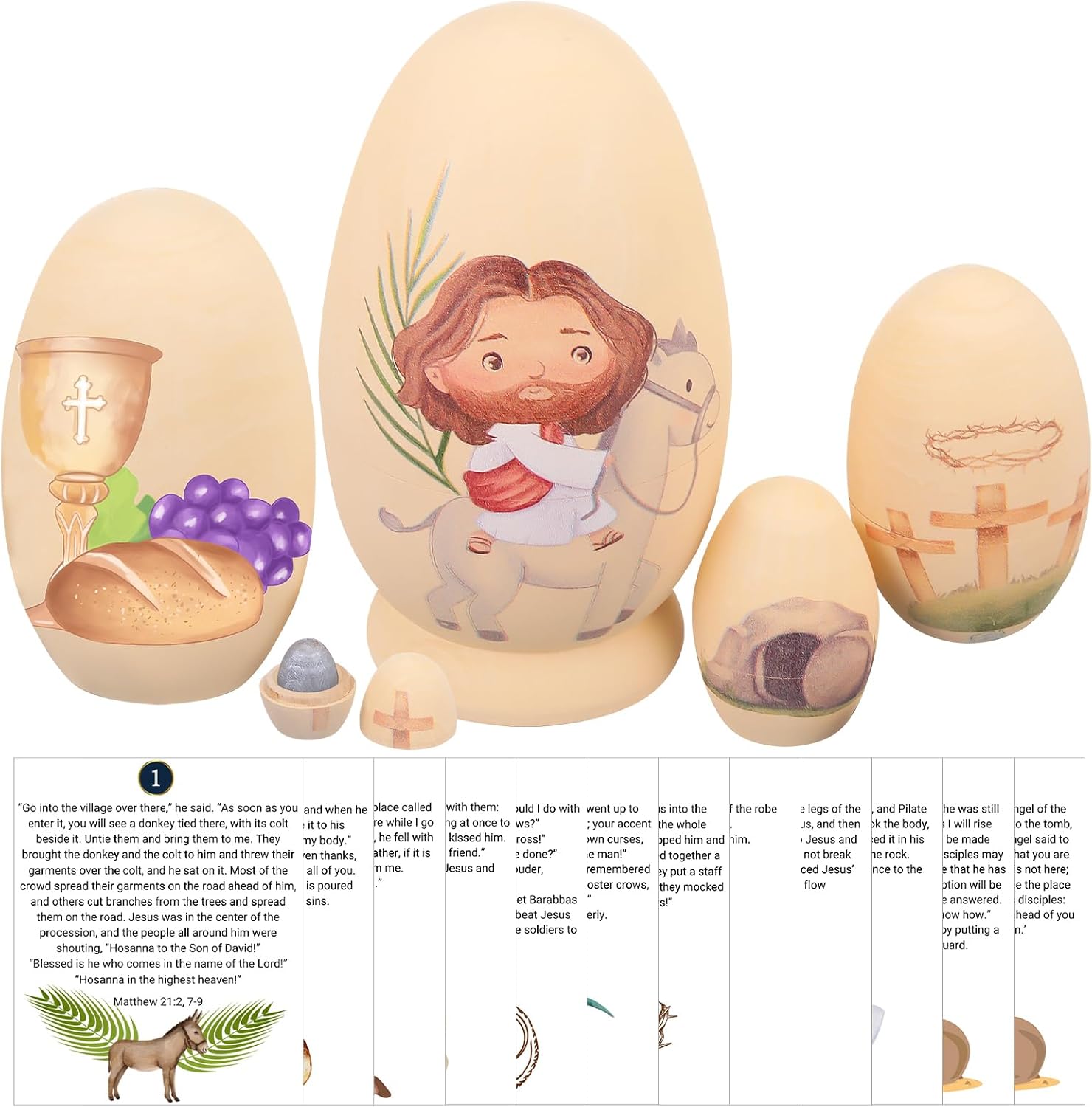 Lunmon 6 Pcs Resurrection Easter Story Eggs with 12 Illustrated Religious Easter Story Cards Holy Week Cards Matryoshka Christian Nesting Eggs for Scripture Learning Activity Sunday School Supplies