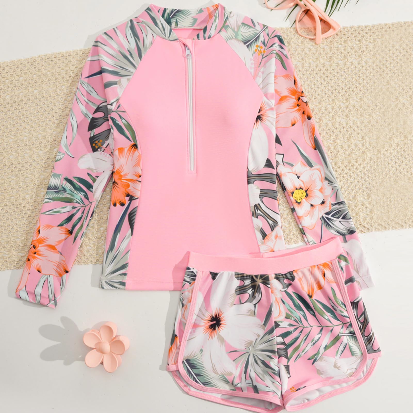 Set di 2 costumi da bagno con protezione UV UPF 50+, a maniche lunghe, con pantaloncini e pantaloncini, per adolescenti e adolescenti, protezione UV, asciugatura rapida, estivo, da spiaggia