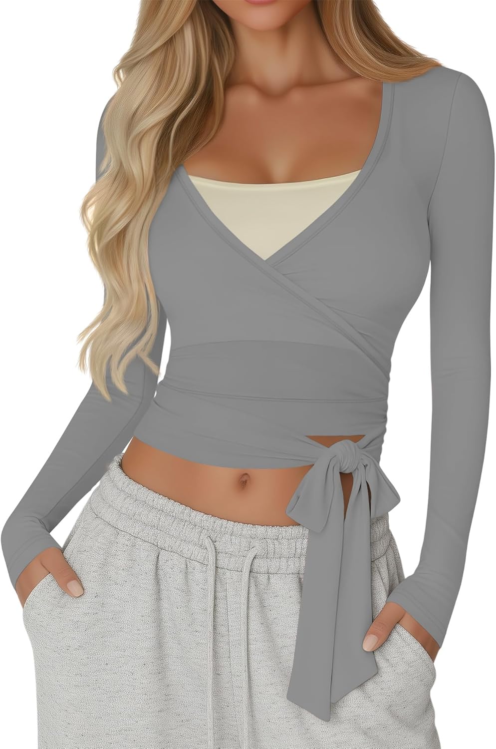 Women Wrap Tie Tops Lightweight Slim Fit Ballet Pilates Yoga Workout Active Shirts Long Sleeve V Neck Casual Tees