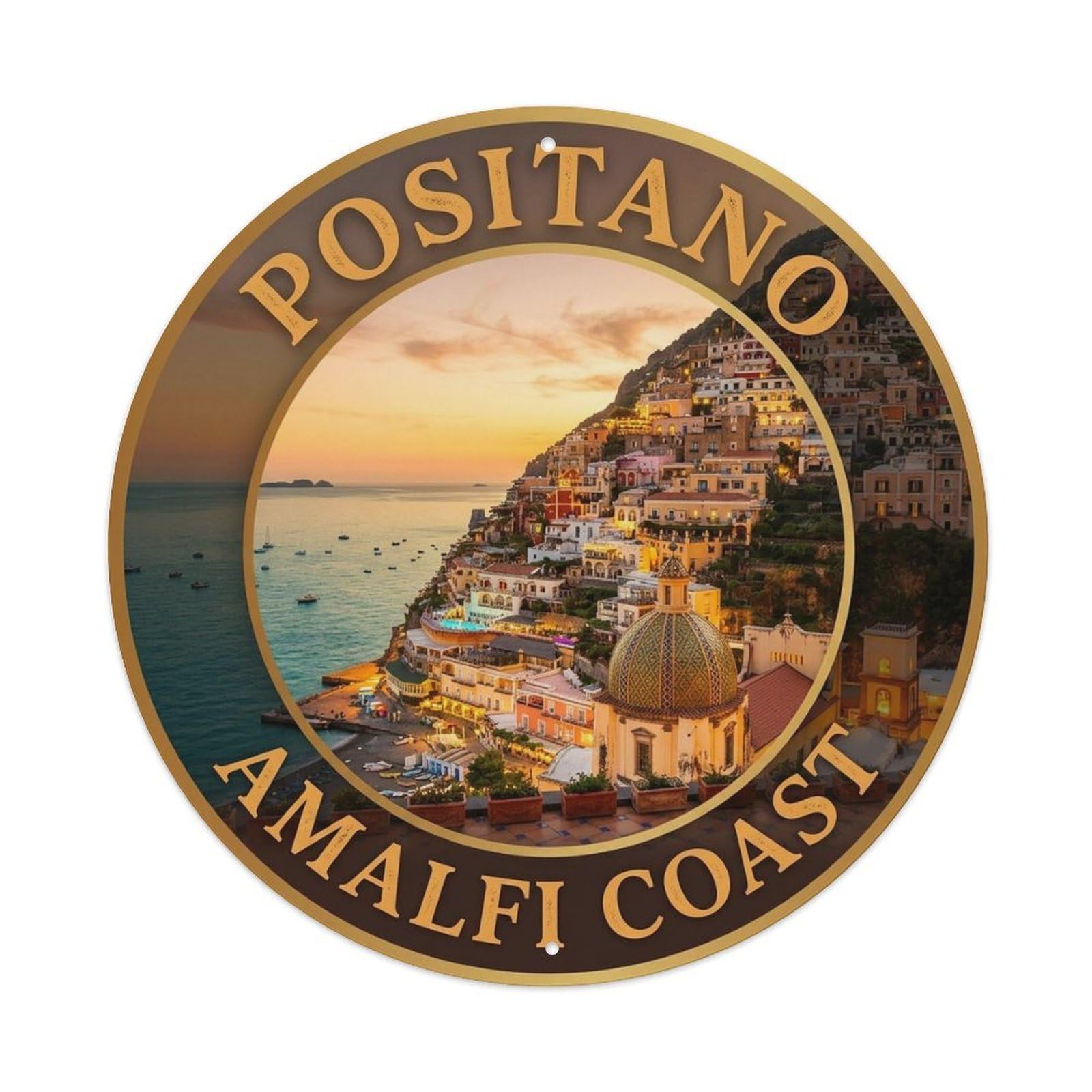 Positano Coastal Mediterranean Campania Coast Italy Metal Tin Sign Plaque Wall Decor for Cafe, Man Cave, Club Bar, Office, Home Garden Round Metal Poster 8x8Inch