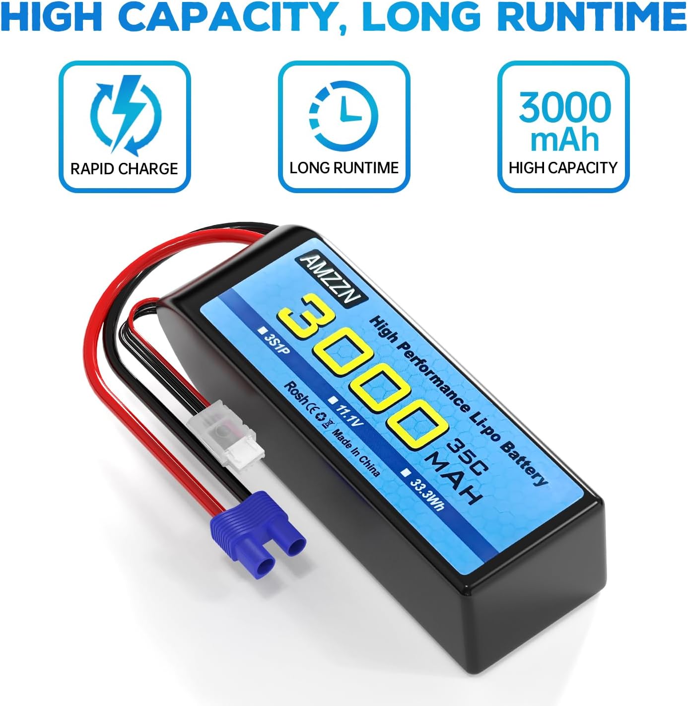 3S Lipo Battery 11.1V 3000mAh 35C with EC3 Plug and USB Charging Cable for RC Car,Truck,Model Car,RC Ship,RC Quadcopter Aircraft,FPV Drone Battery