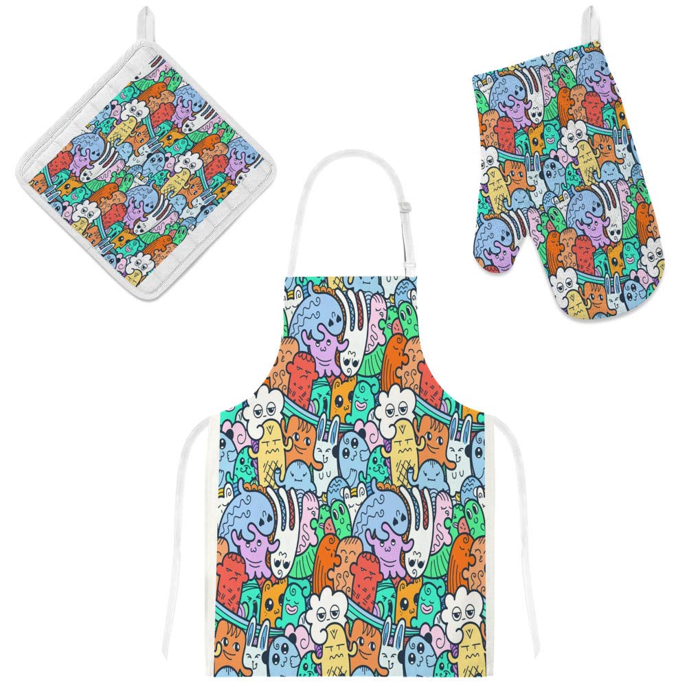 Cadeau surprise original : coffret tablier de cuisine imprimé monstres avec accessoires