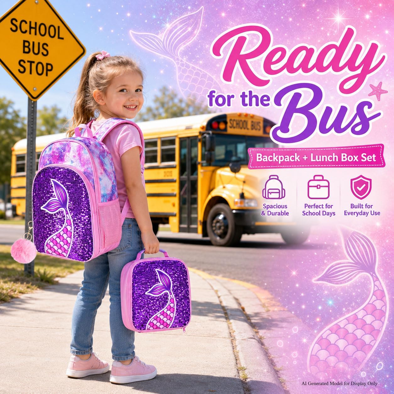 gxtvo 3PCS Girls Backpack, 16" Sequin Prechool Elementary Bookbag and Lunch Box