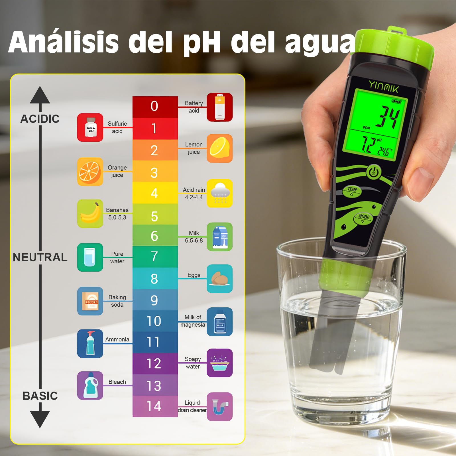 YINMIK Medidor Digital de pH y Salinidad para Piscinas 5 en 1, Tester Acuático EC TDS PPM, Comprobador de Conductividad para SPA, Hidroponía, Acuario y Agua Potable