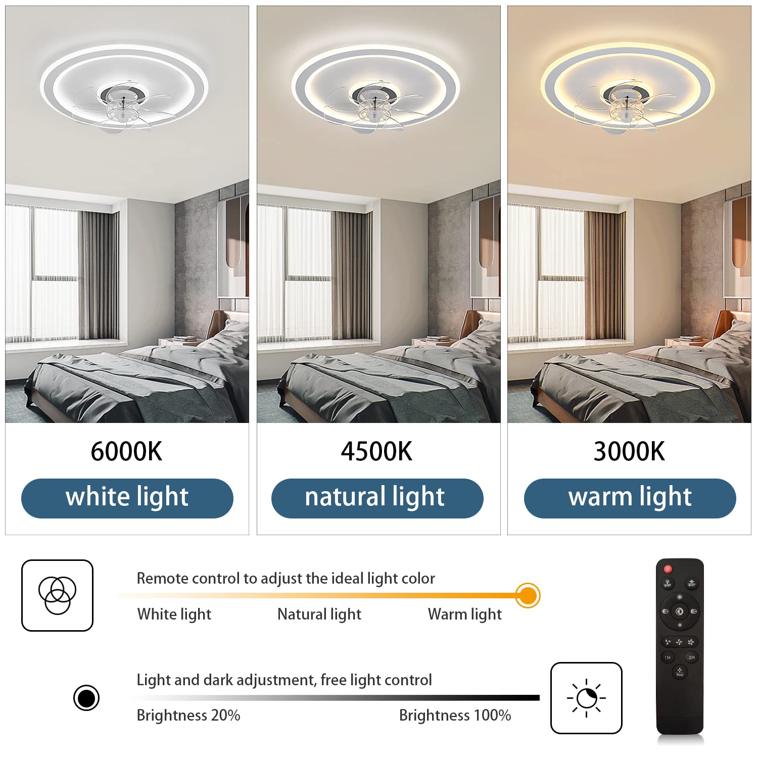 JDONG Deckenventilator mit Beleuchtung und Fernbedienung 54W LED Leise Deckenleuchte Ventilator Mit Dimmbar Timer Einstellbare Windgeschwindigkeit für Wohnzimmer Esszimmer Schlafzimmer 47CM…