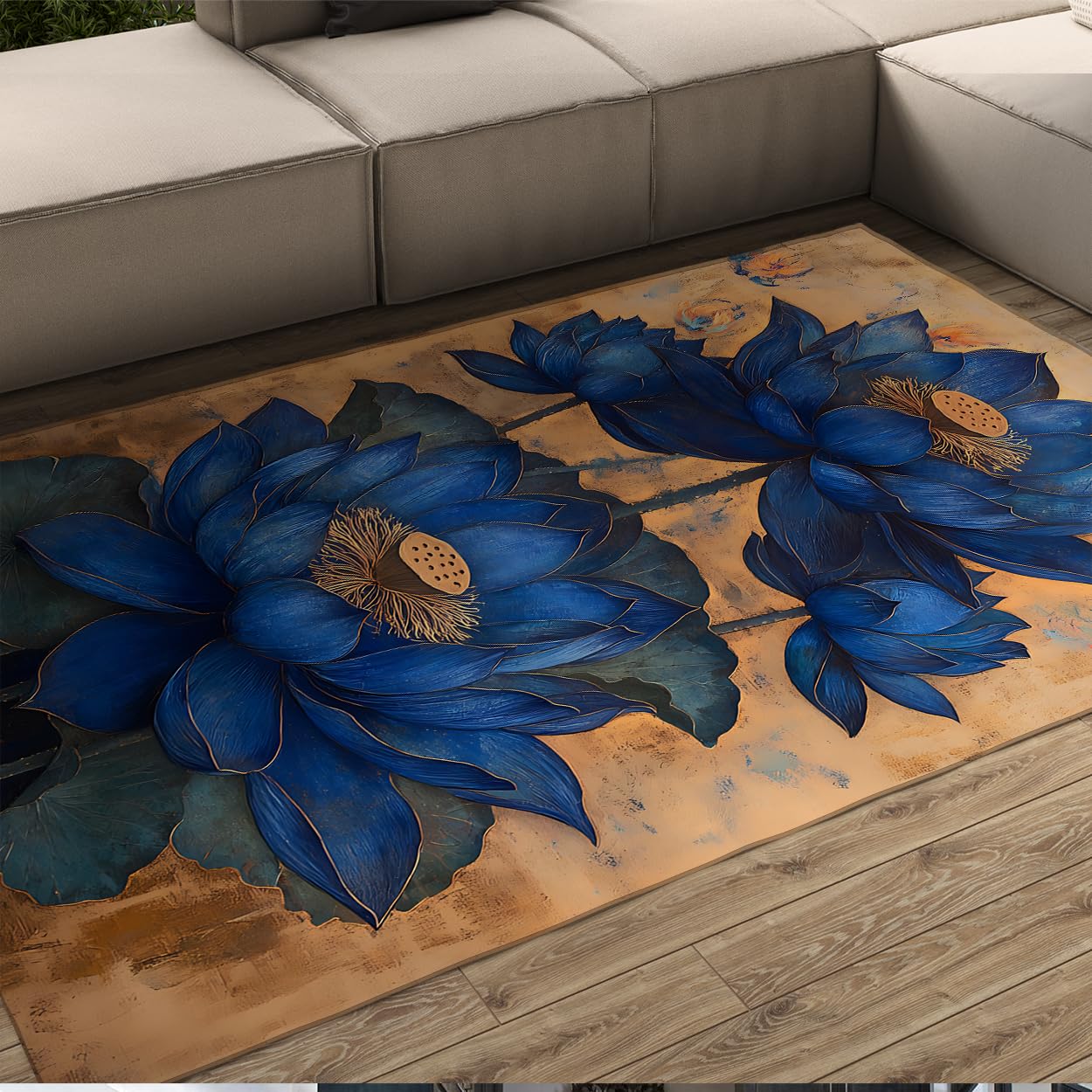 Tapis Oriental rétro Lotus Bleu 120x150cm lavable et antidérapant pour salon