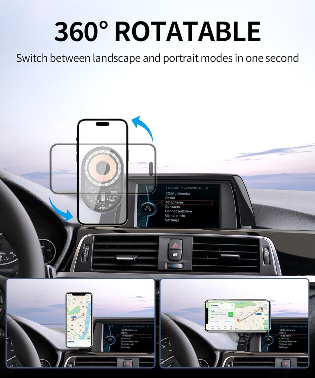 Wireless Charging car Phone Holder for 2012-2018 BMW 3 Series /2014-2018 BMW 2 Series/4 Series Accessories 6.5-inch Screen Fixed Clip,360° Rotation car Phone Mount Compatible with MagSafe