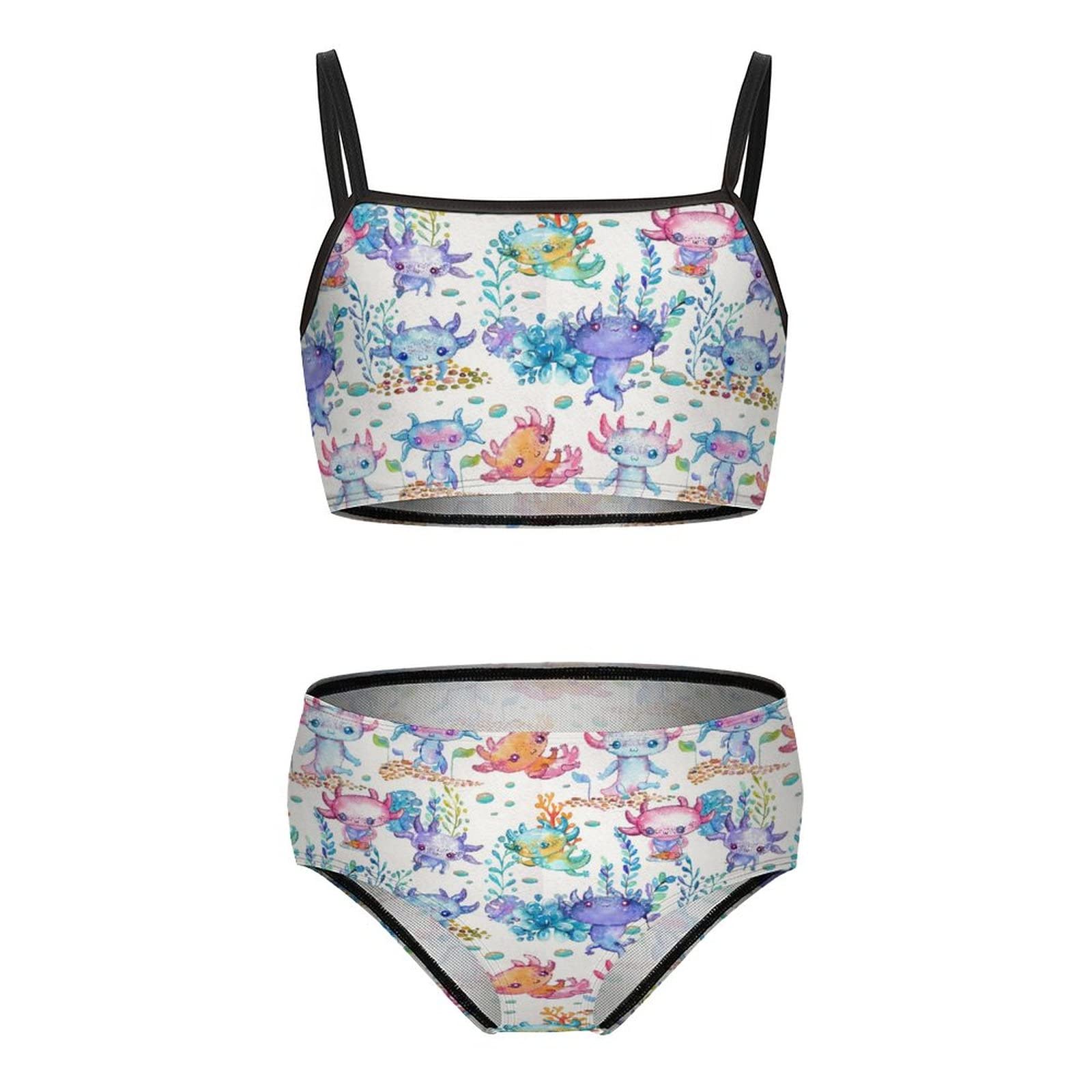 Watercolor Cute Axolotl Characters Girl's Two Piece Swimsuit Beach Sport Swimwear Bikini Set Bathing Suit 7-9Y?120cm?